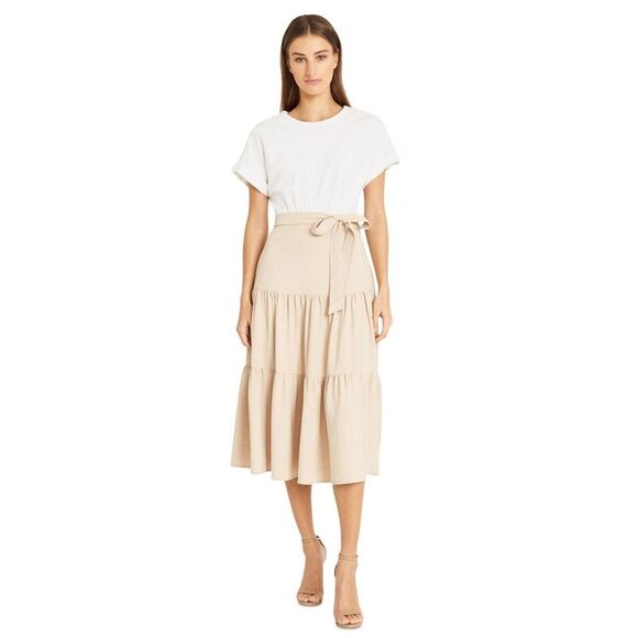 Donna Morgan Womens Tie Waist Tiered Midi Dress Beige NWT